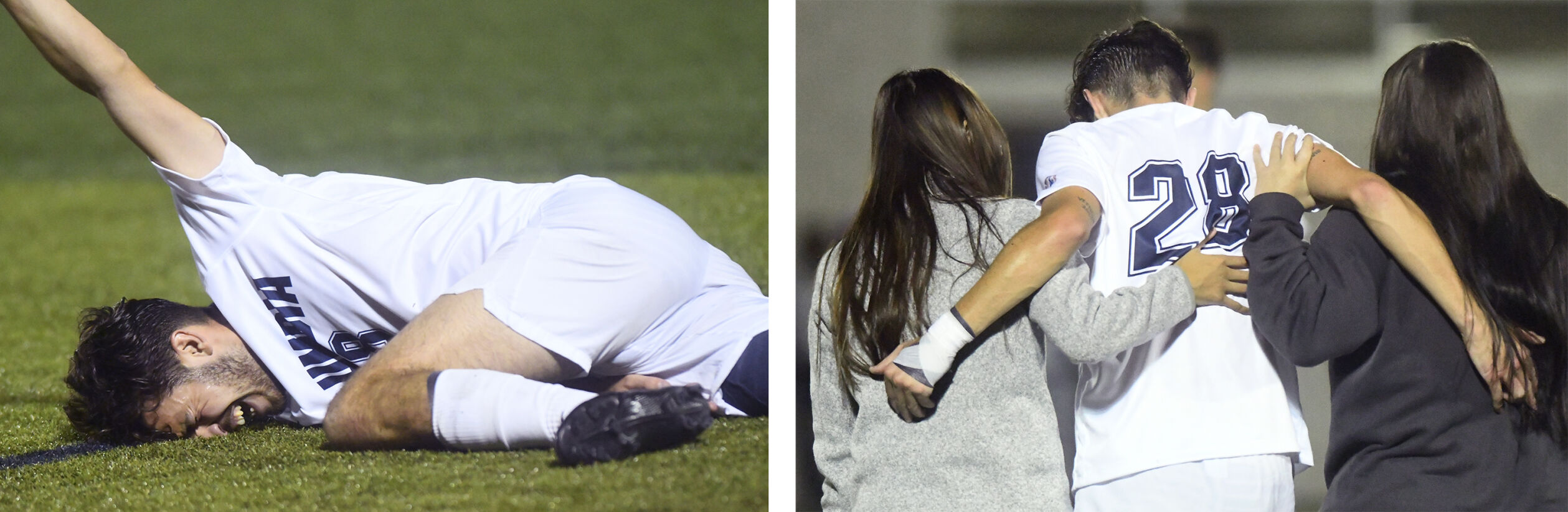 LEFT: Columbia College junior Erik Rajoy falls after an injury